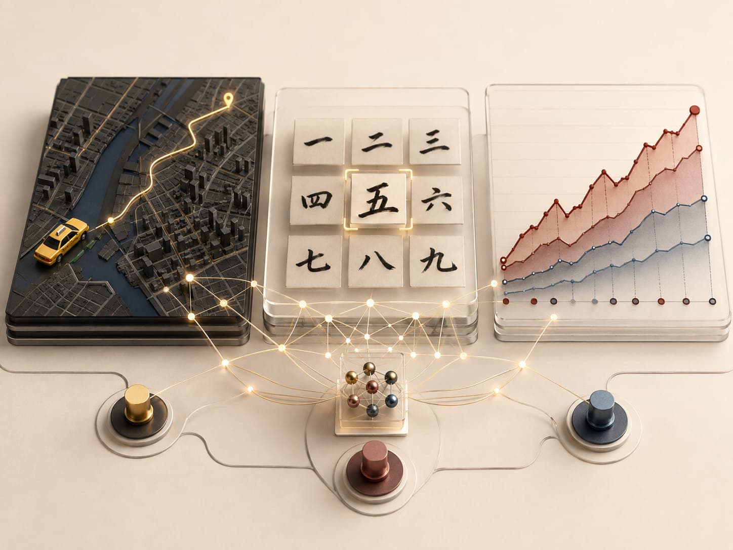 Editorial visualization connecting a taxi route, handwritten Chinese numerals, and temperature forecasts through a neural network