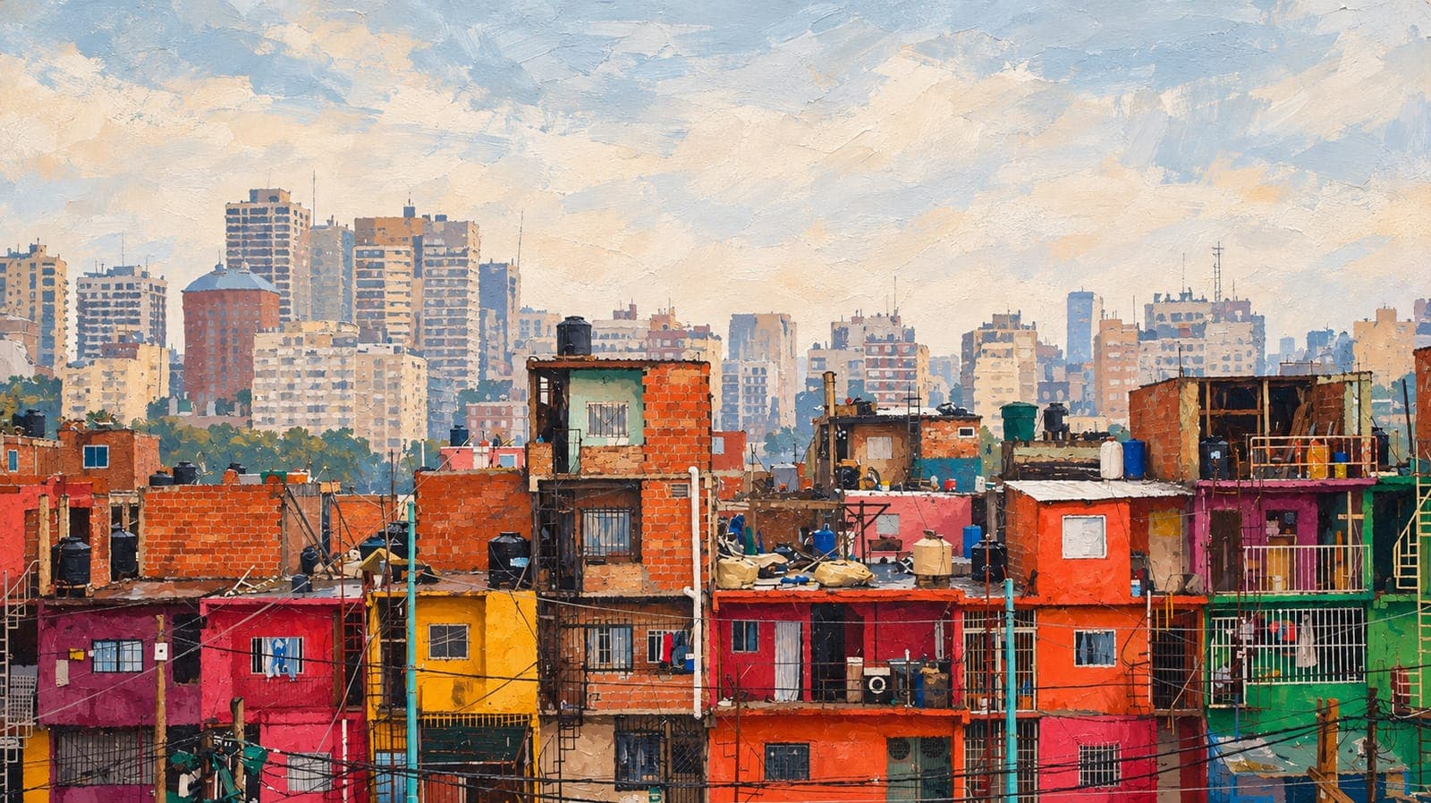 Painting of a dense Buenos Aires informal settlement: rows of brightly painted and bare brick houses topped with black water tanks, hung laundry, and tangled power lines, with the city’s high-rise skyline rising behind a band of trees.
