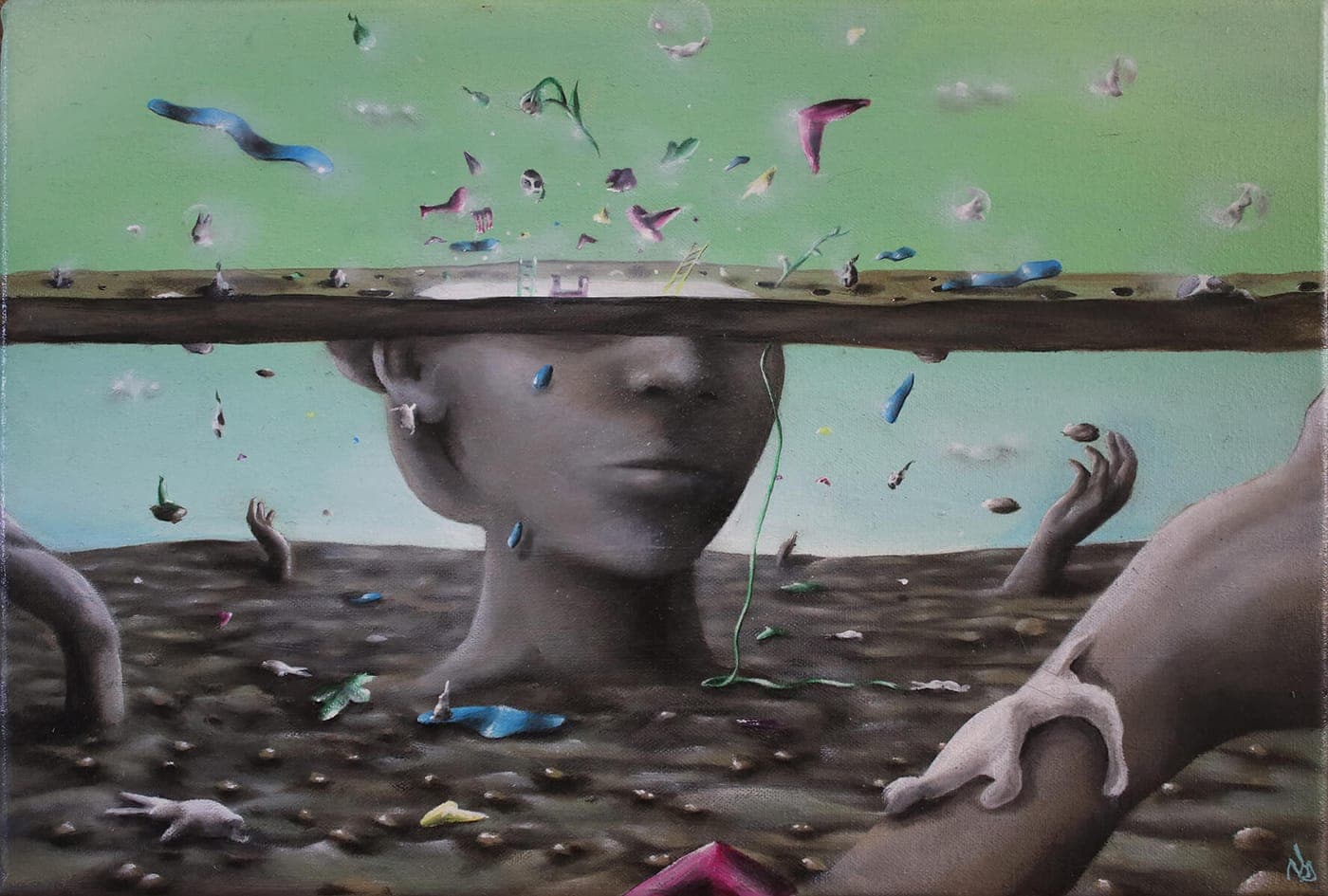 Surrealist painting of a figure submerged to the shoulders beneath a horizontal plane, with small dreamlike shapes drifting into a green sky above