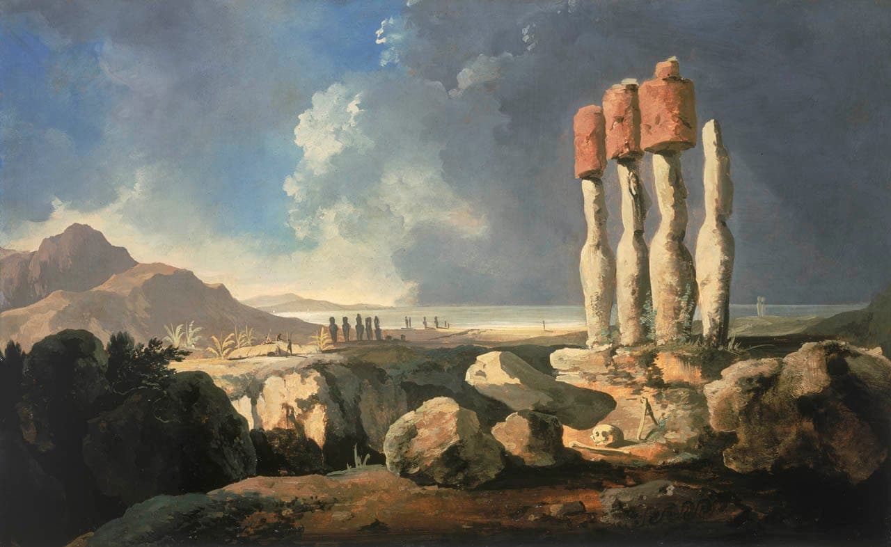 Eighteenth-century painting of standing moai on Rapa Nui beneath a dramatic sky, with figures gathered along the distant shoreline